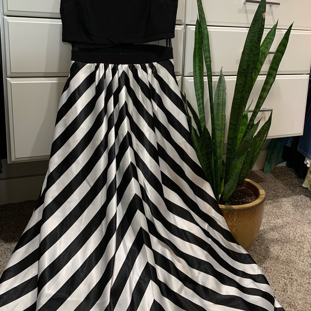 Black and white formal gown with crop top and mesh insert